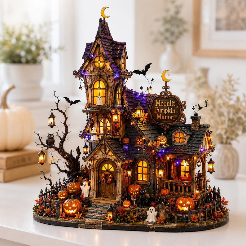 May include: A decorative Halloween-themed house model titled Moonlit Pumpkin Manor, featuring a tall purple roof, glowing yellow windows, miniature ghosts, pumpkins, a black cat, and a bare tree with hanging lanterns, all illuminated by small lights.