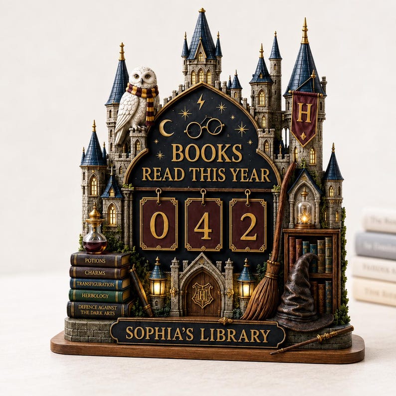 May include: A decorative castle-themed book tracker featuring a white owl, a broomstick, and a stack of books labeled Potions, Charms, Transfiguration, Herbology, and Defence Against the Dark Arts. The display reads BOOKS READ THIS YEAR 042 and SOPHIA'S LIBRARY.