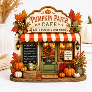 May include: A decorative wooden Pumpkin Patch Cafe sign featuring a red and white striped awning, a menu board listing seasonal drinks, a green door with a wreath, and autumn-themed accents including orange pumpkins, maple leaves, and berries.