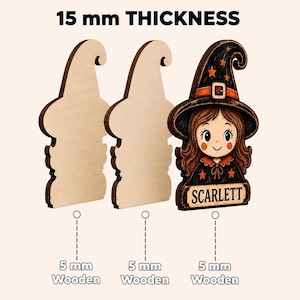 May include: Three layered wooden cutouts featuring a witch character with brown hair and a black hat decorated with orange stars. The text SCARLETT is printed on the base. The image indicates a total of 15 mm thickness, with three 5 mm wooden layers.