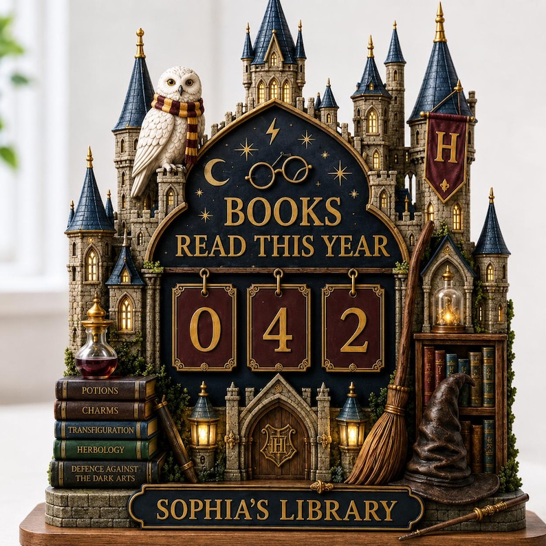 May include: A decorative castle-themed book tracker featuring a white owl with a striped scarf, a broomstick, a wizard hat, and a stack of books labeled Potions, Charms, Transfiguration, Herbology, and Defence Against the Dark Arts. It displays the text BOOKS READ THIS YEAR, the number 042, and SOPHIA'S LIBRARY.