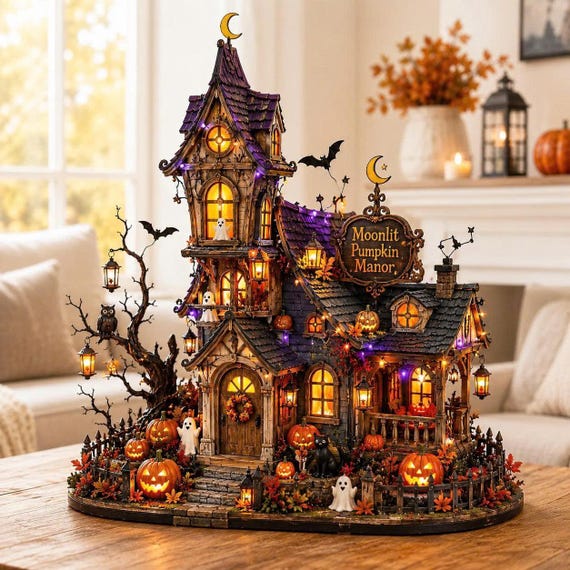 Halloween Haunted House Decor, Miniature Pumpkin Manor, Spooky Tabletop Centerpiece, Gothic Fall Home Decoration