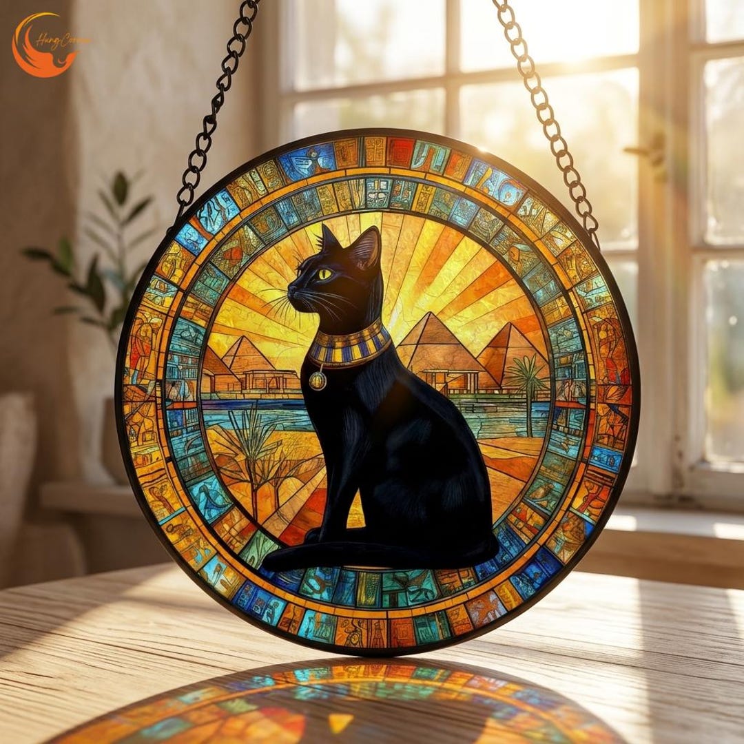 Egyptian Black Cat Stained Glass Suncatcher – Bastet Window Hanging ...