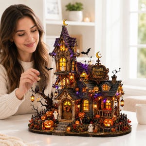 May include: A detailed Halloween-themed miniature house titled Moonlit Pumpkin Manor, featuring a tall purple roof, glowing yellow windows, and orange jack-o'-lanterns. The structure is decorated with small ghosts, bats, and autumn foliage.