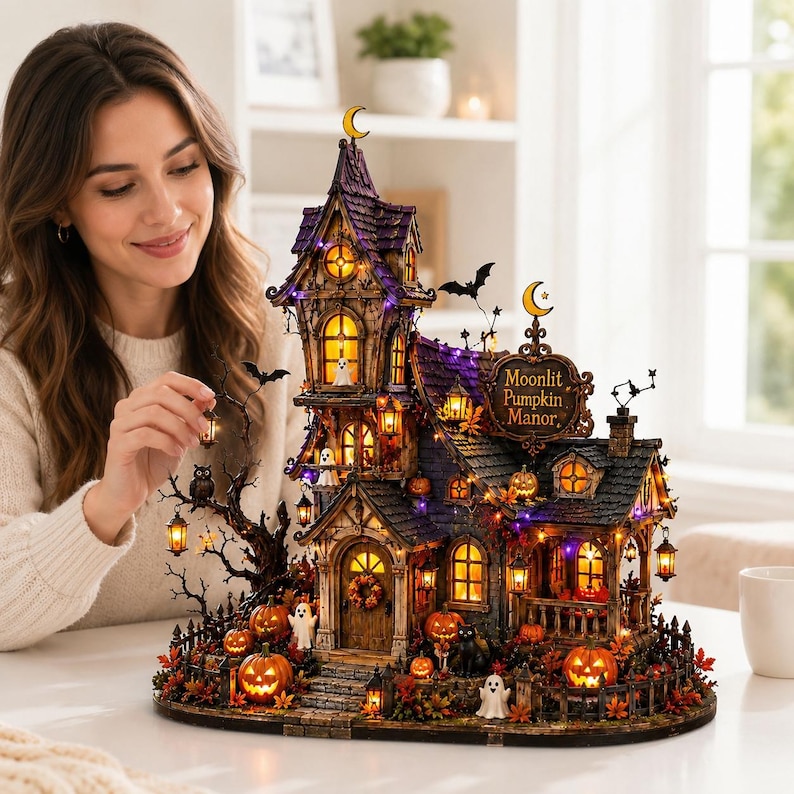 May include: A detailed Halloween-themed miniature house titled Moonlit Pumpkin Manor, featuring a tall purple roof, glowing yellow windows, and orange jack-o'-lanterns. The structure is decorated with small ghosts, bats, and autumn foliage.