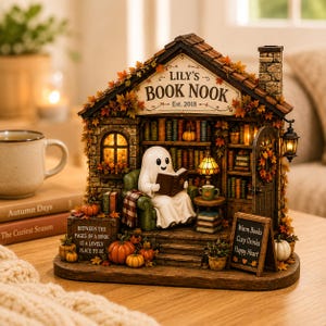 May include: A miniature house-shaped display titled LILY'S BOOK NOOK Est. 2018, featuring a ghost reading a book in a green armchair, surrounded by shelves of books, pumpkins, autumn leaves, a lamp, and a sign reading WARM BOOKS COZY DRINKS HAPPY HEART.