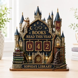 May include: A decorative castle-themed book tracker featuring a white owl, a broomstick, and a stack of books labeled Potions, Charms, Transfiguration, Herbology, and Defence Against the Dark Arts. It displays the text BOOKS READ THIS YEAR, 042, and SOPHIA'S LIBRARY.