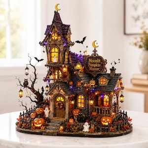 May include: A detailed Halloween-themed miniature house titled Moonlit Pumpkin Manor, featuring a tall purple roof, glowing yellow windows, hanging lanterns, a bare tree with an owl, multiple jack-o'-lanterns, and small white ghost figurines.