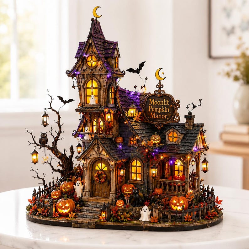 May include: A detailed Halloween-themed miniature house titled Moonlit Pumpkin Manor, featuring a tall purple roof, glowing yellow windows, hanging lanterns, a bare tree with an owl, multiple jack-o'-lanterns, and small white ghost figurines.