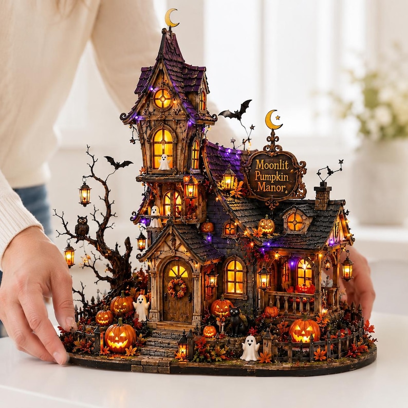 May include: A detailed Halloween-themed miniature house titled Moonlit Pumpkin Manor, featuring a tall purple roof, glowing yellow windows, and orange jack-o'-lanterns. The structure is decorated with ghosts, a black cat, an owl, and bats.