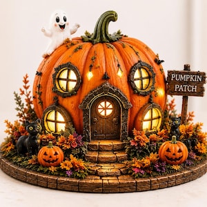 May include: A decorative pumpkin house featuring a white ghost on top, four illuminated windows, and a central door. The base includes two black cats, two small jack-o'-lanterns, and autumn foliage. A wooden sign reads PUMPKIN PATCH.