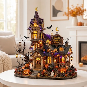 May include: A detailed miniature haunted house model titled Moonlit Pumpkin Manor, featuring purple and black roof shingles, glowing yellow windows, orange pumpkins, small white ghost figures, a black cat, and a bare tree with hanging lanterns.
