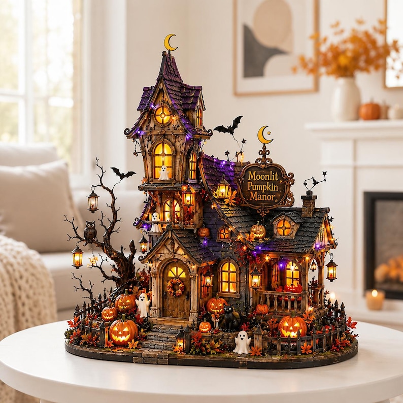 May include: A detailed miniature haunted house model titled Moonlit Pumpkin Manor, featuring purple and black roof shingles, glowing yellow windows, orange pumpkins, small white ghost figures, a black cat, and a bare tree with hanging lanterns.