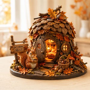 May include: A decorative acorn-shaped house with a textured roof of brown leaves and twigs. A squirrel figurine holds an acorn near the open circular door, which reveals a lit interior. A sign reads ACORN NEST, and a small basket of acorns sits nearby.