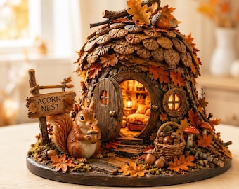 May include: A decorative acorn-shaped house with a textured roof of brown leaves and twigs. A squirrel figurine holds an acorn near the open circular door, which reveals a lit interior. A sign reads ACORN NEST, and a small basket of acorns sits nearby.