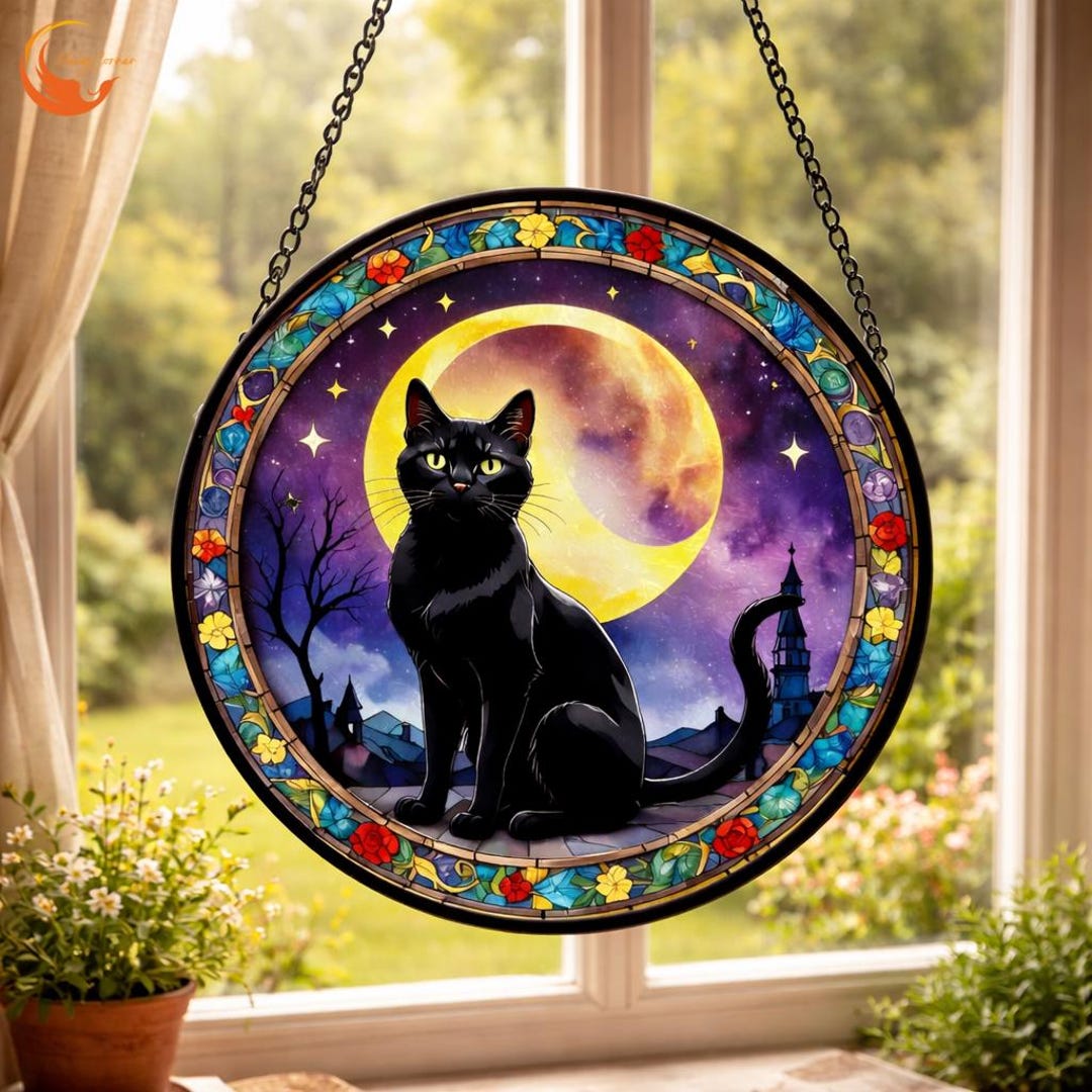 Stained Glass Black Cat Moon Suncatcher Celestial Window Hanging Mystic ...