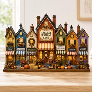 May include: A miniature Harvest Festival Lane village display featuring seven colorful connected buildings with illuminated windows, autumn decorations, pumpkins, and a scarecrow figure. Signs read Pumpkin Patch, Fall Flowers, Baked Goods, Gather & Give Thanks, Cozy Cafe, and Autumn Blessings.