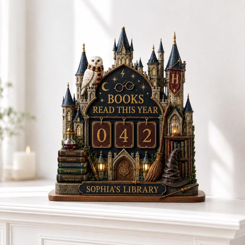 May include: A decorative tabletop display shaped like a castle, featuring the text "BOOKS READ THIS YEAR" above three rotating number tiles currently showing 042, and a base plate labeled "SOPHIA'S LIBRARY," accented with an owl, broom, and books.