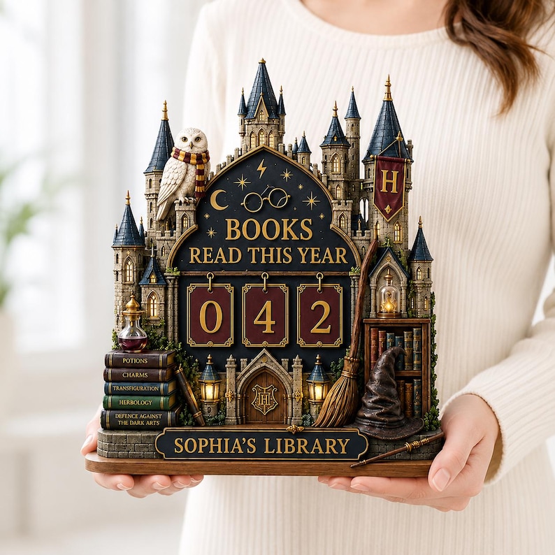 May include: A decorative tabletop display shaped like a castle, featuring the text 'BOOKS READ THIS YEAR' above three rotatable number tiles showing '042', and 'SOPHIA'S LIBRARY' at the base. It includes a white owl, a broom, and books.