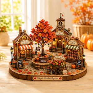 2D Wooden Fall Village Decor, Maple Market Square Tabletop Sign, Autumn Farmhouse Shelf Sitter