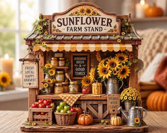 May include: A miniature wooden Sunflower Farm Stand featuring a yellow and white striped awning, shelves with jars, a basket of green apples, crates of red apples, pumpkins, and sunflowers. Signs read: Sunflower Farm Stand, Fresh Local Happy Harvest, Sunshine Seeds & Good Times, and Picked With Love.