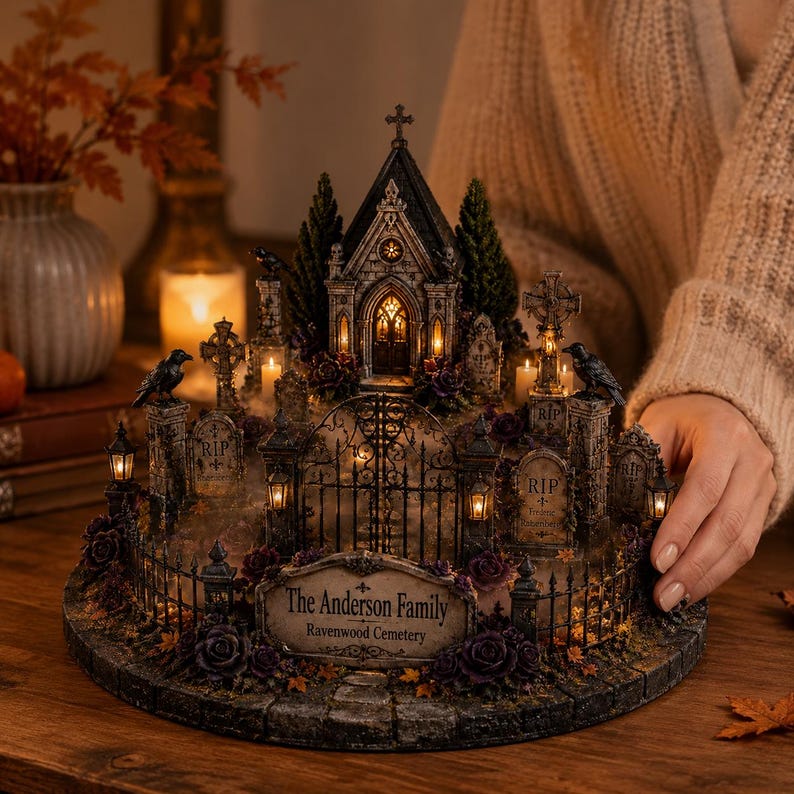 May include: A miniature cemetery display featuring a central mausoleum, stone tombstones marked RIP, black iron fencing, and dark purple roses. The structure includes illuminated windows and a sign reading The Anderson Family Ravenwood Cemetery.