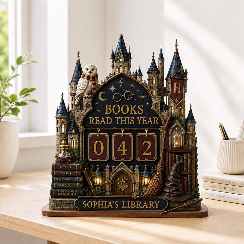May include: A decorative tabletop display shaped like a castle, featuring a white owl, a broomstick, and a sorting hat. The center displays the text 'BOOKS READ THIS YEAR' above a counter showing '042'. A plaque at the base reads 'SOPHIA'S LIBRARY'.
