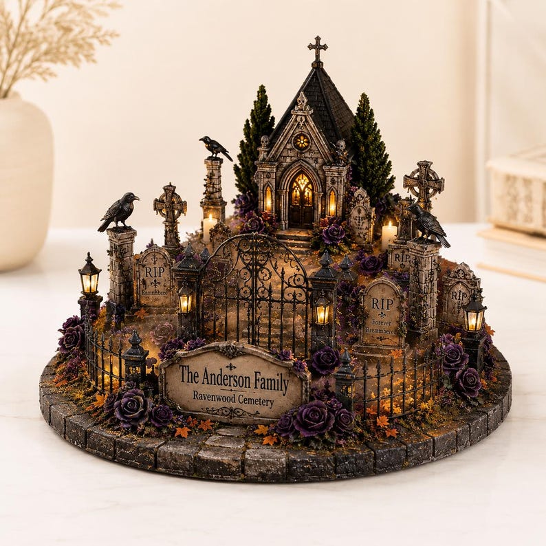 May include: A miniature cemetery display featuring a central mausoleum with a cross, surrounded by tombstones marked RIP, black crows, iron gates, and purple roses. A sign at the front reads The Anderson Family Ravenwood Cemetery. The scene includes small glowing lanterns and warm interior lighting.