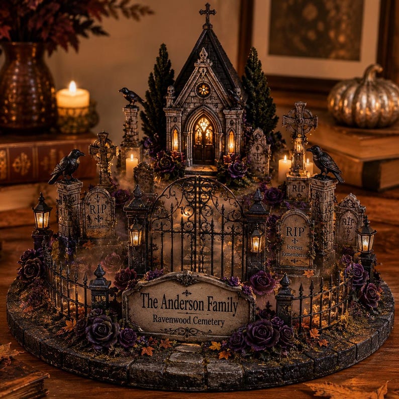 May include: A miniature cemetery display featuring a central chapel, stone tombstones marked RIP, black crows, and a wrought iron gate. A sign in the foreground reads The Anderson Family Ravenwood Cemetery. The scene is illuminated by warm lights.