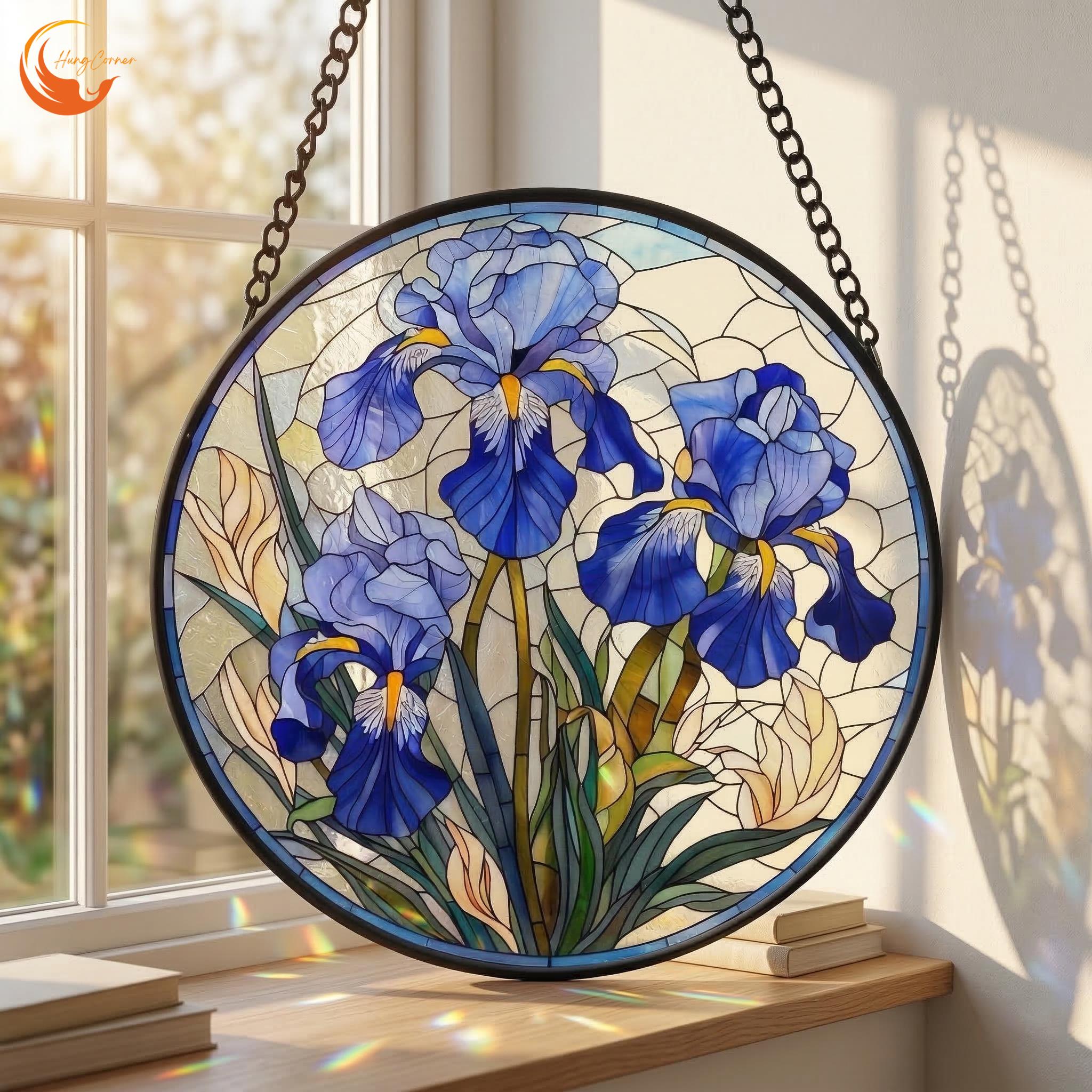 Blue Iris Stained Glass Suncatcher, Floral Round Window Hanging Panel ...