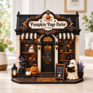 May include: A miniature Pumpkin Page Parlor shop display featuring a black roof, striped awnings, and shelves filled with books. It includes a black cat in a purple hat, two ghosts, pumpkins, lanterns, and signs reading Pumpkin Page Parlor and Read If You Dare.