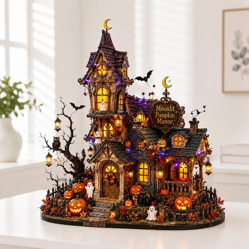 May include: A decorative Halloween-themed miniature house titled Moonlit Pumpkin Manor, featuring a tall purple roof, glowing yellow windows, orange pumpkins, small ghost figures, a black cat, and a bare tree with hanging lanterns and bats.