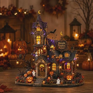 May include: A decorative Halloween-themed miniature house titled Moonlit Pumpkin Manor, featuring a tall purple roof, illuminated windows, small ghost figures, orange pumpkins, a black fence, and a bare tree with hanging lanterns and a bat.