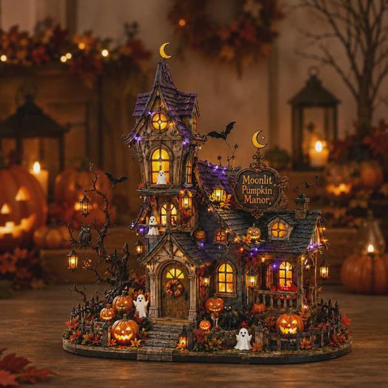 May include: A decorative Halloween-themed miniature house titled Moonlit Pumpkin Manor, featuring a tall purple roof, illuminated windows, small ghost figures, orange pumpkins, a black fence, and a bare tree with hanging lanterns and a bat.