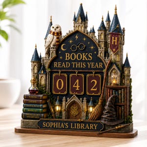 May include: A decorative castle-themed book tracker featuring a white owl, a broomstick, a sorting hat, and a stack of books labeled Potions, Charms, Transfiguration, Herbology, and Defence Against the Dark Arts. It displays the text BOOKS READ THIS YEAR 042 and SOPHIA'S LIBRARY.