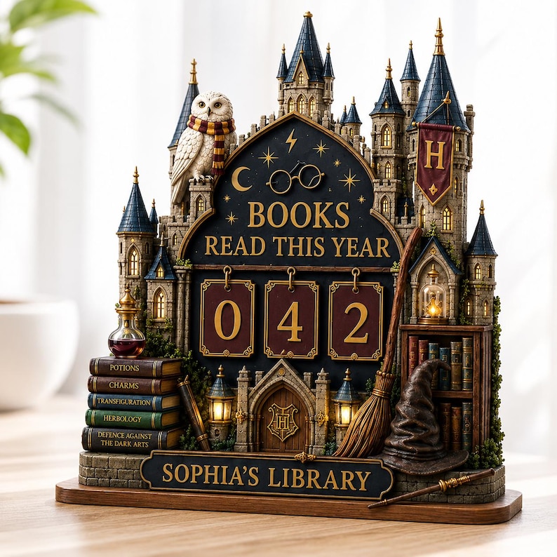 May include: A decorative castle-themed book tracker featuring a white owl, a broomstick, a sorting hat, and a stack of books labeled Potions, Charms, Transfiguration, Herbology, and Defence Against the Dark Arts. It displays the text BOOKS READ THIS YEAR 042 and SOPHIA'S LIBRARY.