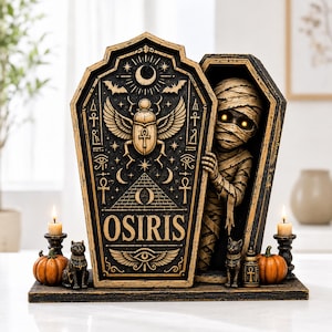 Egyptian Mummy Coffin Wooden Block, Gothic Halloween Decor, Osiris Tomb Tabletop Shelf Sitter Gift