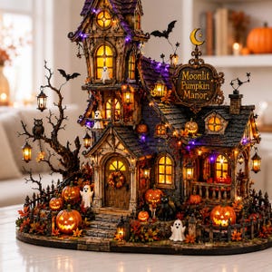 May include: A detailed miniature haunted house model titled Moonlit Pumpkin Manor, featuring purple and black roof shingles, glowing yellow windows, hanging lanterns, carved pumpkins, small white ghost figures, a black cat, and a bare tree.