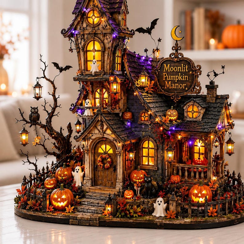 May include: A detailed miniature haunted house model titled Moonlit Pumpkin Manor, featuring purple and black roof shingles, glowing yellow windows, hanging lanterns, carved pumpkins, small white ghost figures, a black cat, and a bare tree.