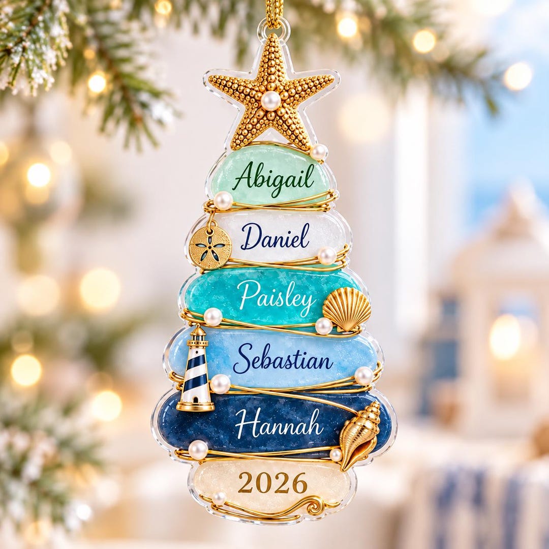 Custom Lighthouse Sea Glass Family Ornament, Personalized Beach ...