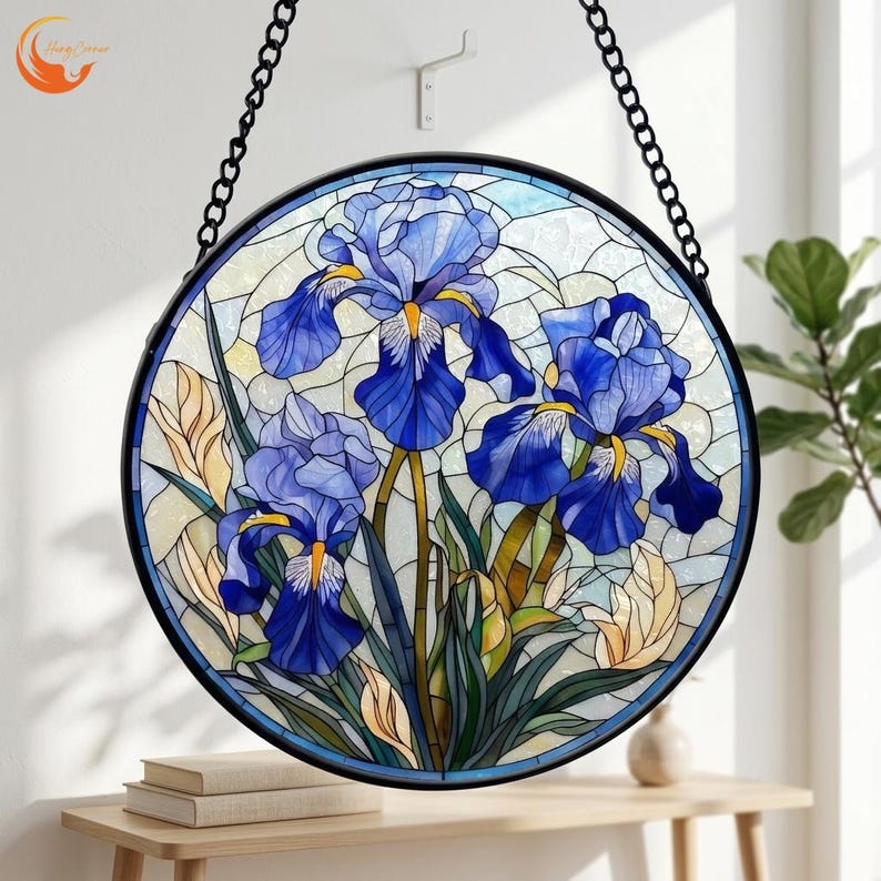 Blue Iris Stained Glass Suncatcher, Floral Round Window Hanging Panel ...