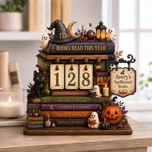 May include: A decorative tabletop calendar featuring a stack of books titled Books Read This Year, Potions & Poems, Curses & Charms, Magic & Mayhem, and Spells & Stories. It includes a black cat, ghosts, a pumpkin, and a sign reading Avery's Spellbound Books.