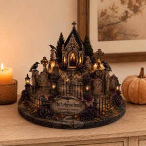 May include: A miniature cemetery display featuring a central mausoleum, iron gates, and tombstones marked RIP. The structure includes dark purple roses, black ravens, and warm interior lighting. A plaque at the front reads The Anderson Family Ravenwood Cemetery.