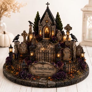 May include: A miniature cemetery display featuring a central chapel with illuminated windows, surrounded by tombstones marked RIP, black wrought iron fencing, dark purple roses, and black raven figurines. A sign reads The Anderson Family Ravenwood Cemetery.