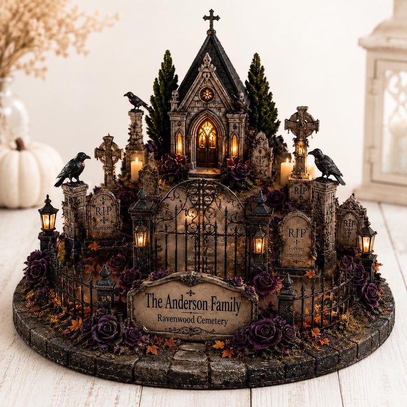 May include: A miniature cemetery display featuring a central chapel with illuminated windows, surrounded by tombstones marked RIP, black wrought iron fencing, dark purple roses, and black raven figurines. A sign reads The Anderson Family Ravenwood Cemetery.