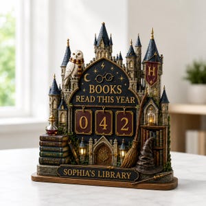 May include: A decorative tabletop display shaped like a castle, featuring a white owl with a striped scarf, a broomstick, a sorting hat, and a stack of books labeled Potions, Charms, Transfiguration, Herbology, and Defence Against the Dark Arts. The center displays the text BOOKS READ THIS YEAR with the number 042 and a plaque reading SOPHIA'S LIBRARY.