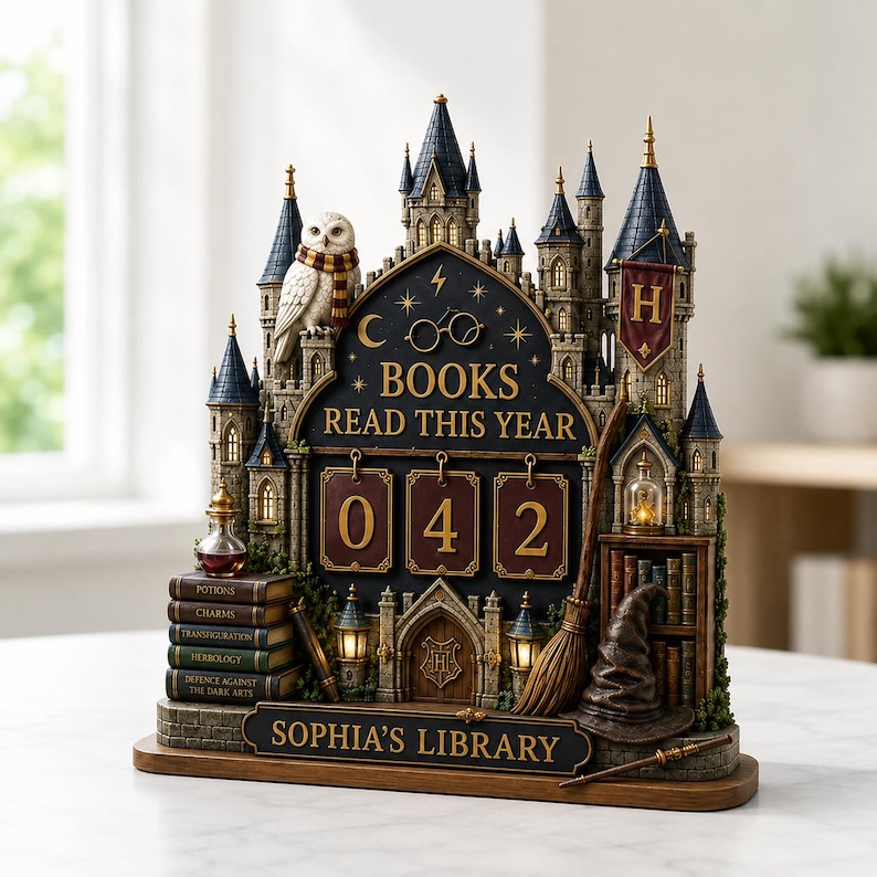 May include: A decorative tabletop display shaped like a castle, featuring a white owl with a striped scarf, a broomstick, a sorting hat, and a stack of books labeled Potions, Charms, Transfiguration, Herbology, and Defence Against the Dark Arts. The center displays the text BOOKS READ THIS YEAR with the number 042 and a plaque reading SOPHIA'S LIBRARY.