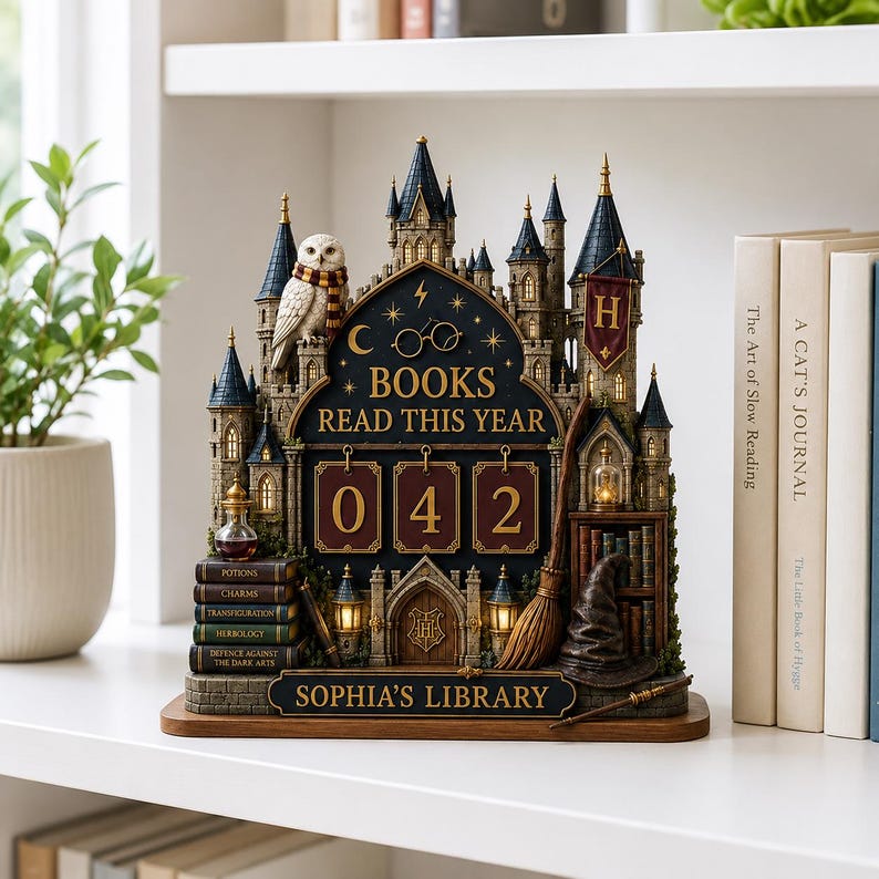 May include: A decorative tabletop book tracker shaped like a castle, featuring a white owl, a broomstick, and a sorting hat. The display includes the text "BOOKS READ THIS YEAR", "SOPHIA'S LIBRARY", and three rotating number tiles showing 042.