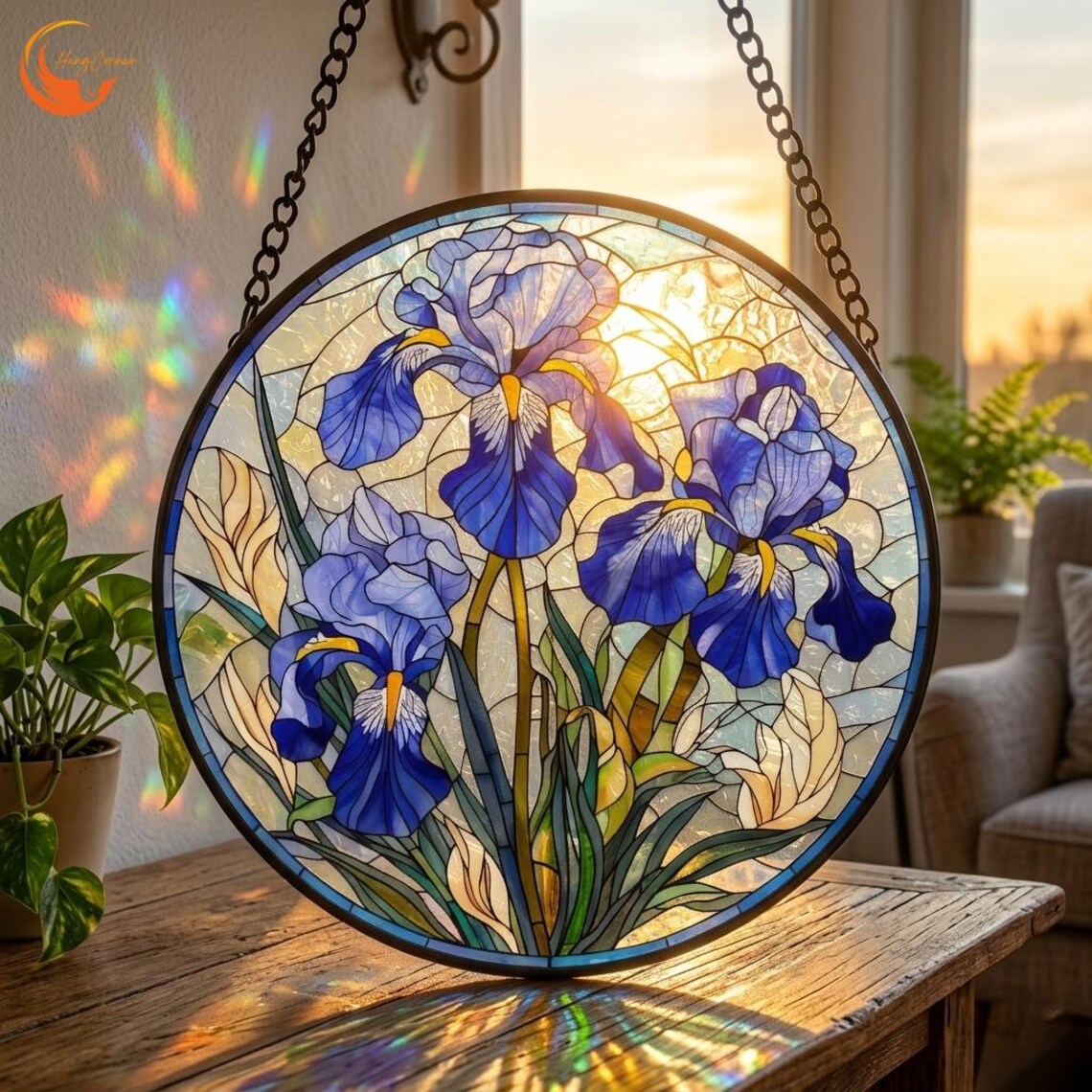 Blue Iris Stained Glass Suncatcher, Floral Round Window Hanging Panel ...
