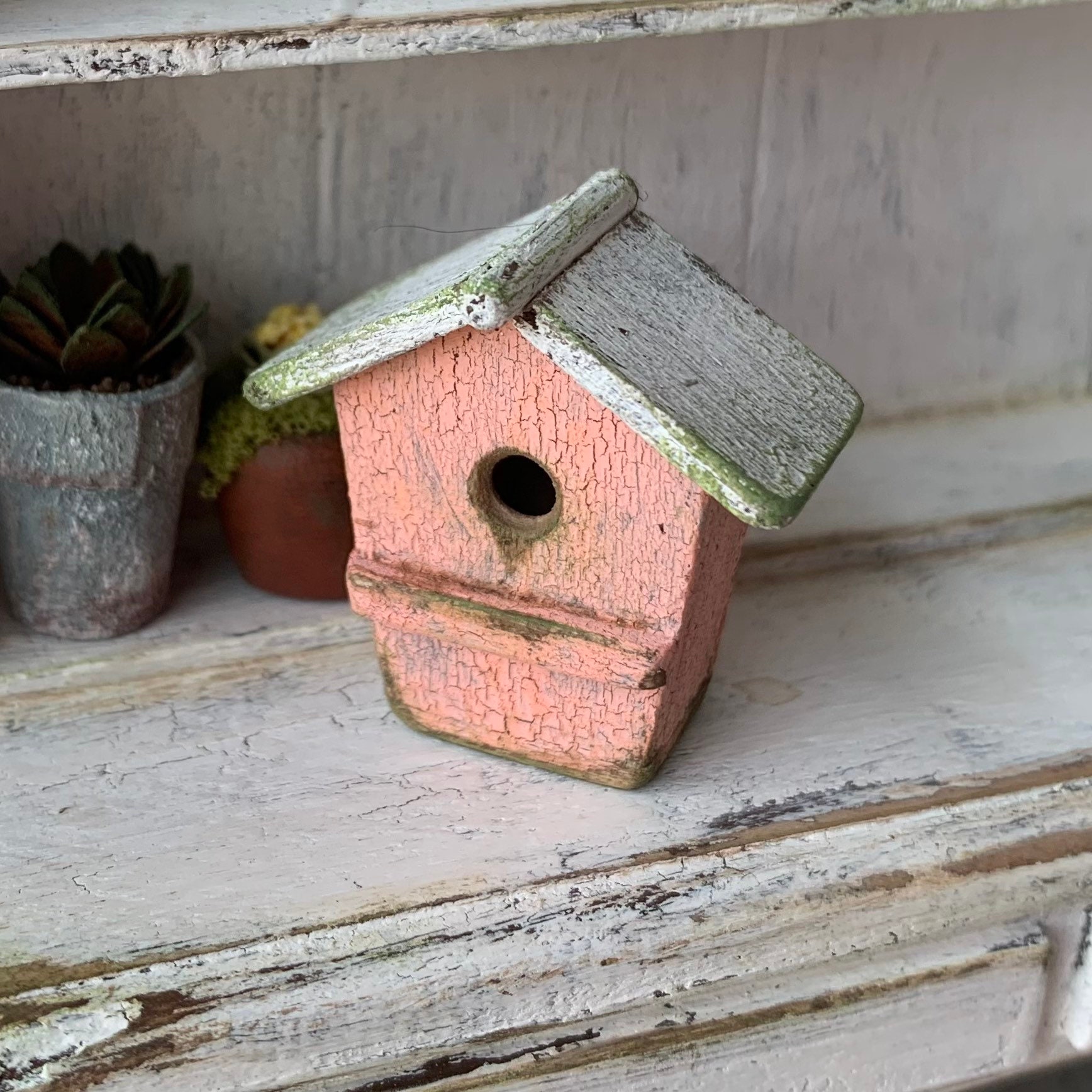 Miniature Dollhouse Aged Birdhouses Aged White and Gray 